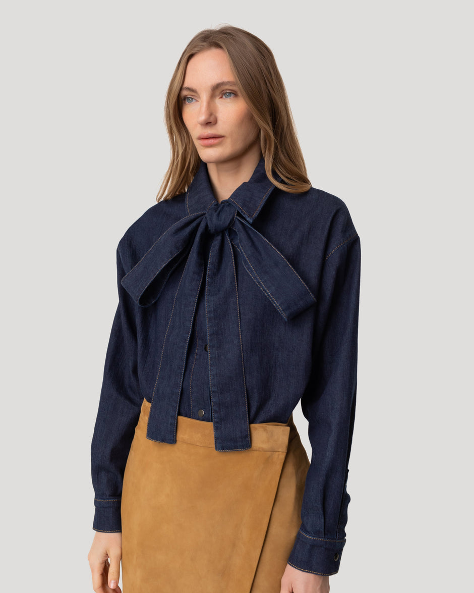 Джинсова сорочка з бантом