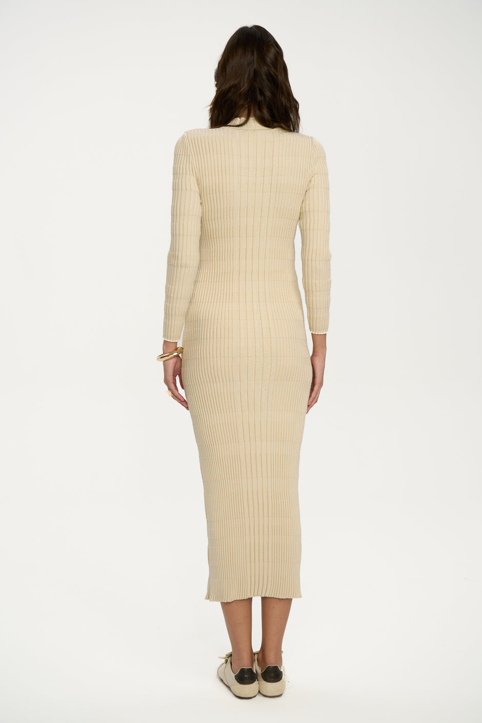 Cream ribbed knit midi dress with high neck and long sleeves on model in sneakers, breastfeeding-friendly double-layer design – Inner Tiger back

